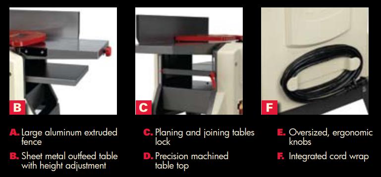 The Jet JJP-8BT benchtop jointer-planer combo has: a-) large aluminum extruded fence, b-) sheet metal outfeed table with height adjustment, c-) planing and jointing tables lock, d-) precision machined table top, e-) oversized and ergonomic knobs, and f-) integrated cord wrap