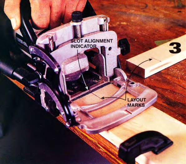 mark both workpieces with a layout mark, line up the joiner slot indicator mark with the layout marks, push the tool and create the biscuit slot