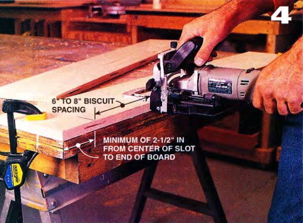 space biscuits equally leaving 6 to 8 inches between them and a minimum of 2.5 inches from the center of the biscuit slot to the end of the board