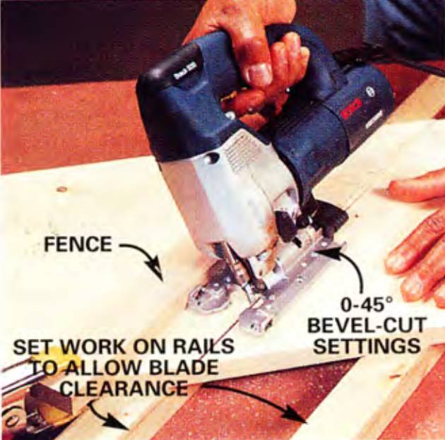 set your work on rails to allow for blade clearance and attach a temporary fence over your material - once you do that, you can take advantage of the bevel-cut settings and even make compound cuts on the go with a simple jigsaw