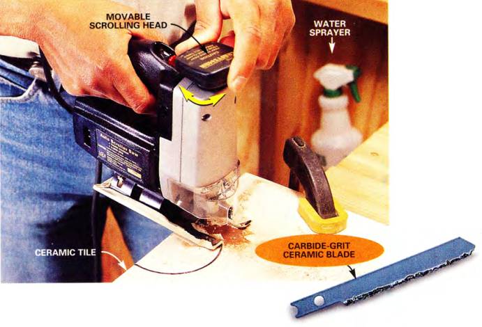 clamp down your tile tightly and grab your carbide-grit ceramic blade, making sure to spray water as you use your jigsaw to cut ceramic