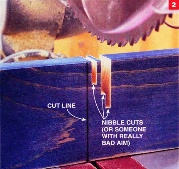 when using a miter saw, nibble your cuts until perfectly reaching your cut line instead of trying to reach it right on the first time