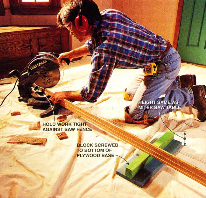 by holding your workpiece tight against the miter saw fence and supporting it on blocks, your cuts will always be square and accurate