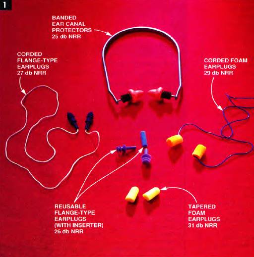 banded ear canal protectors 25 dB NRR, reusable flange-type earplugs with inserter rated 26 dB NRR, corded flange-type earplugs rated 27 dB NRR, corded foam earplugs rated 29 dB NRR, and tapered foam earplugs rated 31 dB NRR