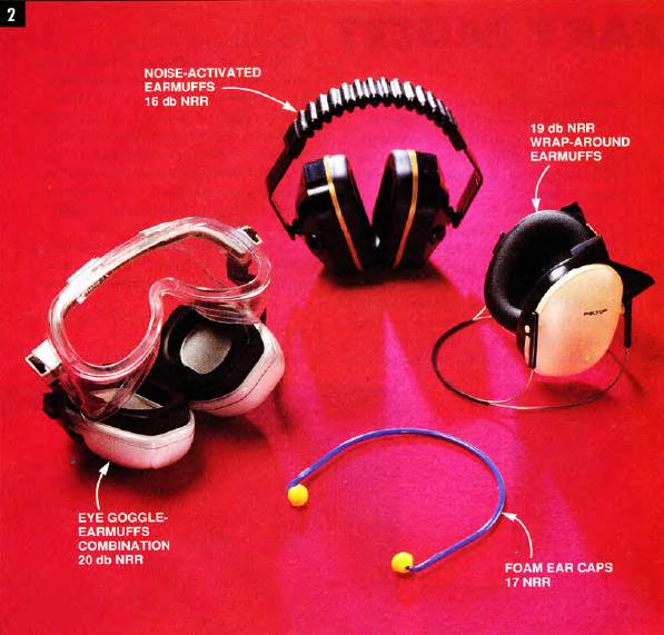 noise-activated earmuffs rated 16 dB NRR, foam ear caps rated 17 dB NRR, wrap-around earmuffs rated 19 dB NRR, and eye goggle-earmuffs combination rated 20 dB NRR