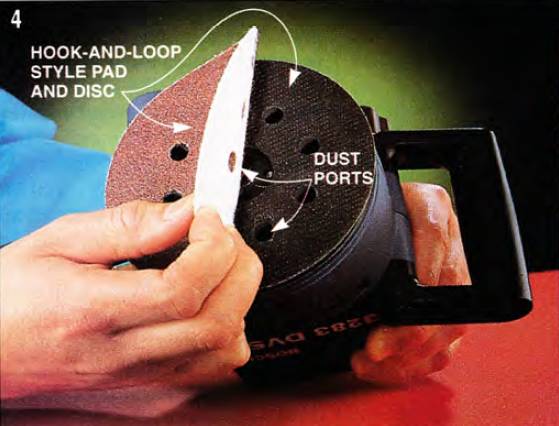 Hook-and-loop pad and sanding discs have holes that allow for dust extraction on the spot