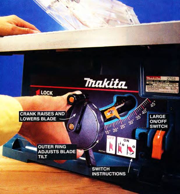 Here you can see the crank that raises and lower the saw blade, along with the mechanism to adjust blade tilt. Look for safer saws with a big on-0ff switch that can be easily used in case of an emergency.