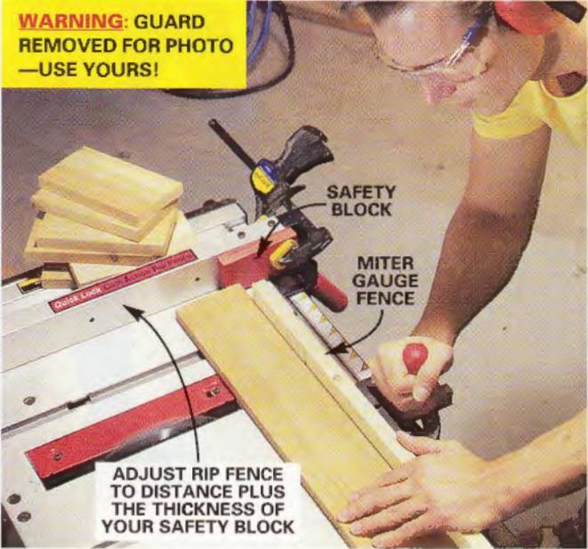 Easy way to safely cut a repetitive length on the table saw using your miter gauge and a block of wood