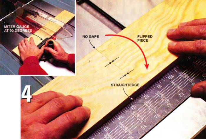 Cut a board using your miter gauge set at 90 degrees, flip it over, and lay the cut edges against each other while holding them against a straightedge. Your miter gauge will be accurate if there is no gap at the butted ends of your cut pieces.