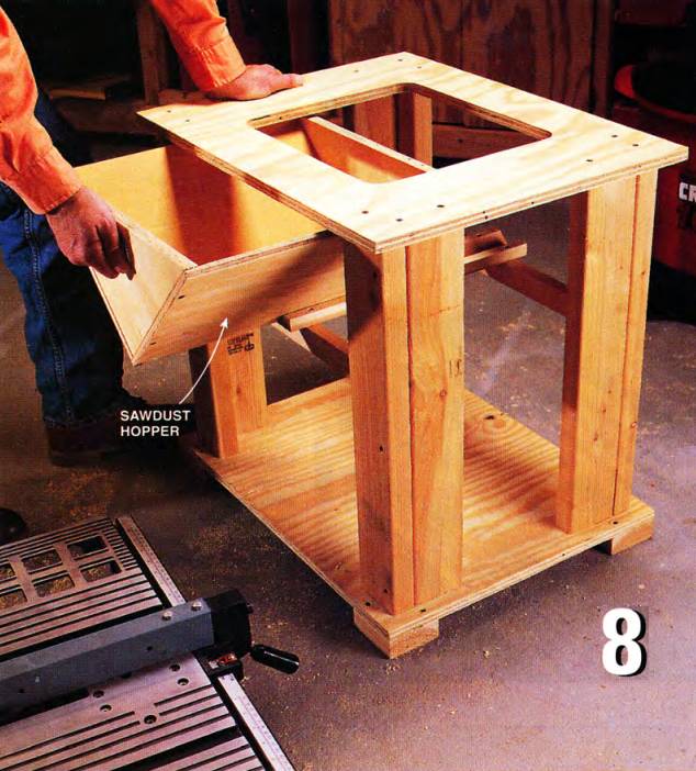 This simple add-on helps confine sawdust to an enclosed hopper