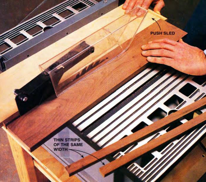 Build this push sled to make repetitive thin cuts on your table saw and keep your fingers safely away from the blade