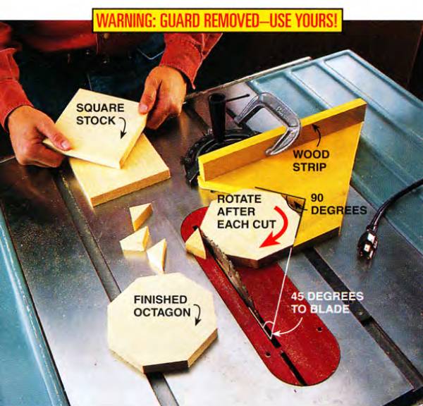 Attach this jig in your miter gauge and cut perfect octagons every time
