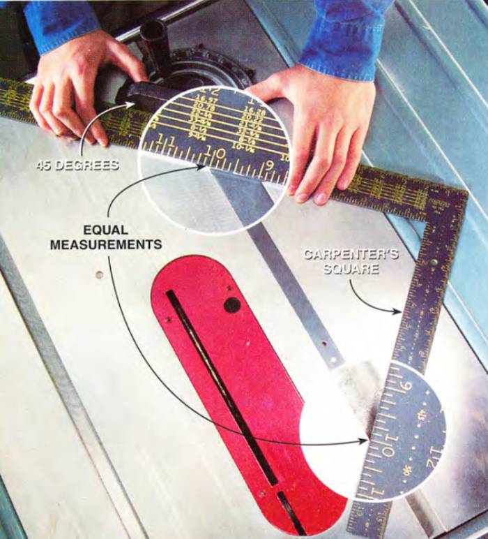 Use a carpenter's square and your miter gauge in order to set up a perfect 45-degree cut