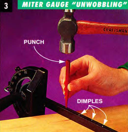 You can adjust a miter gauge's side-to-side fit with a hammer and a center punch and create dimples in a zig-zag pattern - if you've gone too far, you can file off the excess