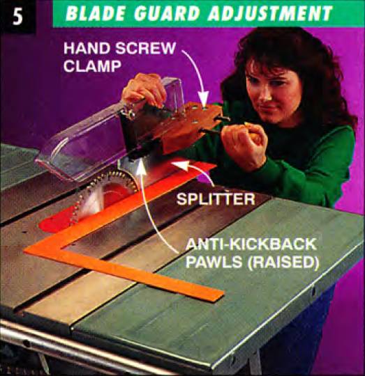 Raise the anti-kickback pawls and use a hand screw wooden clamp to adjust and straighten a table saw splitter
