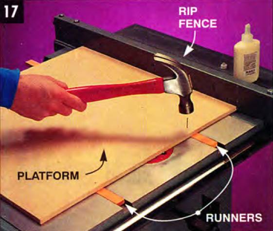 Position the platform square to the blade by using the rip fence; nail the sled platform to the runners in the miter gauge