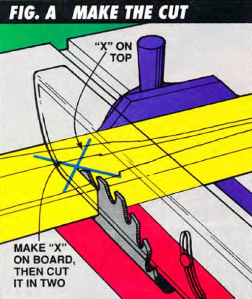 The first step to have straight and square table saw cuts is to grab a 1x3 or 1x4, mark an X, and cut it in half using your miter gauge